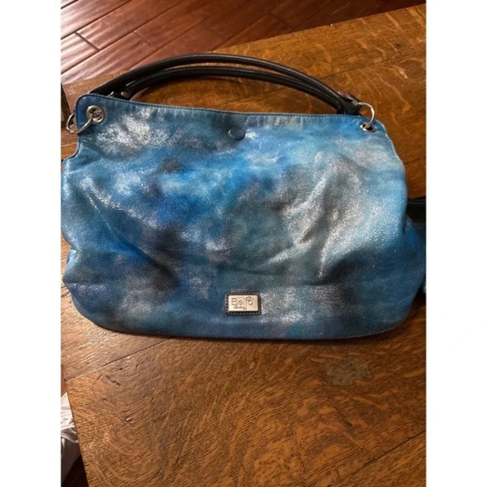 Beijo Couture Blue Silver Metallic Tie Dye‎ Hobo Bag and Pouch Set 2pc